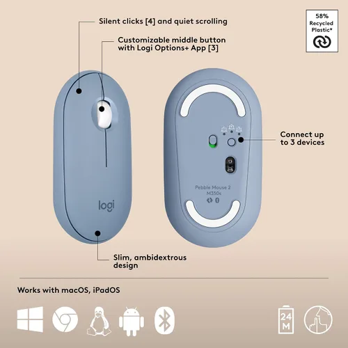 Miniatura 7 de Logitech Pebble 2 Combo para Mac, Teclado y Mouse Inalámbricos, Delgado, Silencioso y Portátil, Personalizable, Mouse y Teclado Bluetooth, Azul tonal