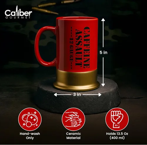 Miniatura 5 de Taza de Cartucho de Escopeta de Calibre 12 – Taza de Café de Cerámica Roja Audaz con Forma de Arma Regalo Único para Cazadores, Entusiastas