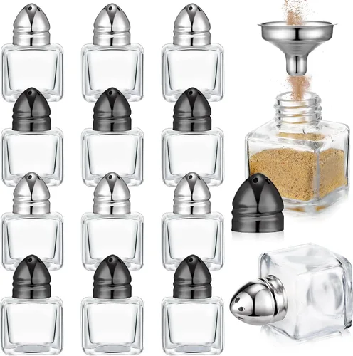 Miniatura 15 de Uiifan Juego de 12 piezas 0.5 oz de forma cúbica, pequeños saleros y pimenteros con tapas tonales, frascos de condimentos de vidrio transparente
