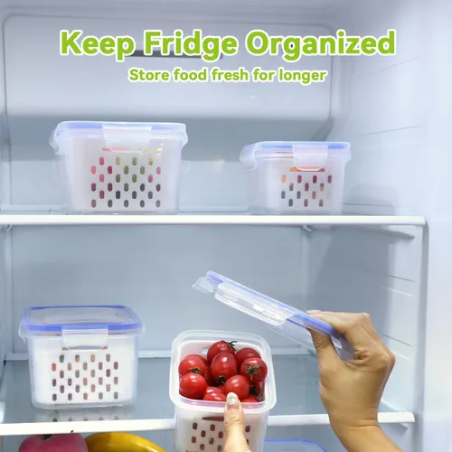 Miniatura 6 de Paquete de 3 recipientes de almacenamiento de frutas para refrigerador, recipientes herméticos de almacenamiento de alimentos con colador extraíble
