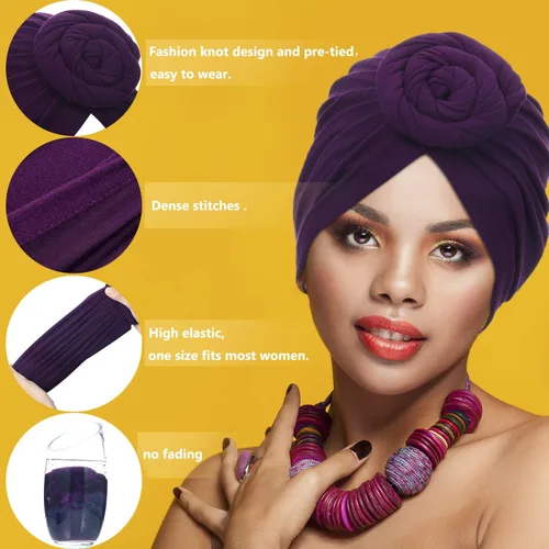 Miniatura 2 de SATINIOR 6 piezas de turbante africano con nudo de flor pre-atado para mujer