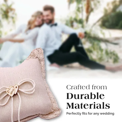 Miniatura 6 de SLS SUPPLY FLORA - Almohada de arpillera para portador de anillos de encaje, soporte clásico para anillos de boda, elegante almohada rústica