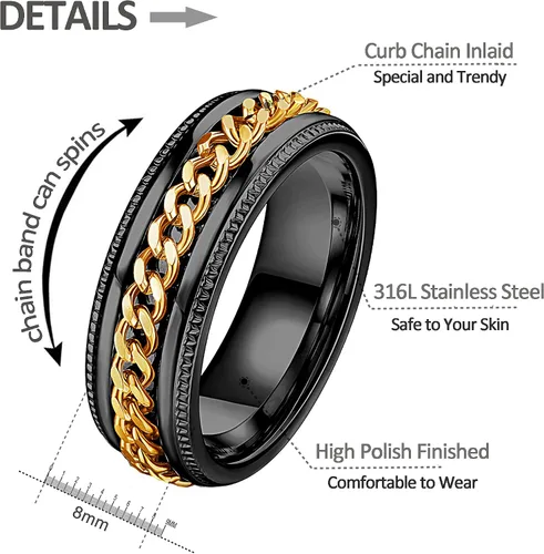 Miniatura 2 de FIBO STEEL - Anillos de acero inoxidable de 8mm para hombres, anillos con cadena incrustada y borde con textura, disponible en tallas 7-14