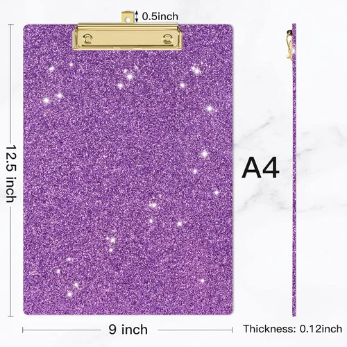 Miniatura 2 de Piasoenc Portapapeles acrílicos, tablero de clip con purpurina de moda con clip dorado de perfil bajo, diseñado para uso en el aula, la escuela