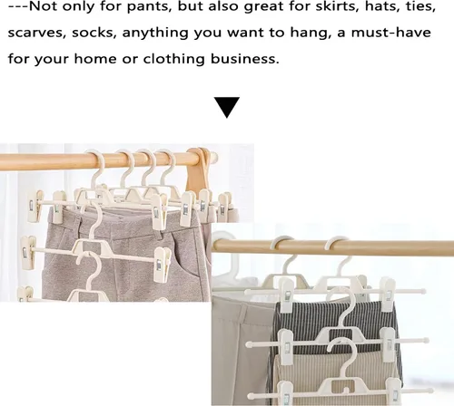 Miniatura 4 de Perchas de plástico para pantalones con clips, 10 perchas para pantalones con clips giratorios y ajustables de 360°, colgador de ropa apilable