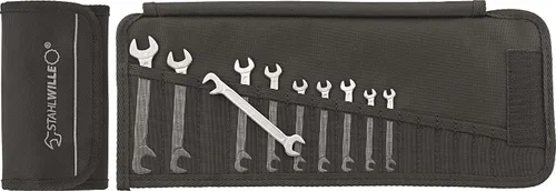 Stahlwille 96400653 Juego de llaves pequeñas de doble extremo abierto ELECTRIC, juego de llaves de 10 piezas en estuche enrollable, posición de
