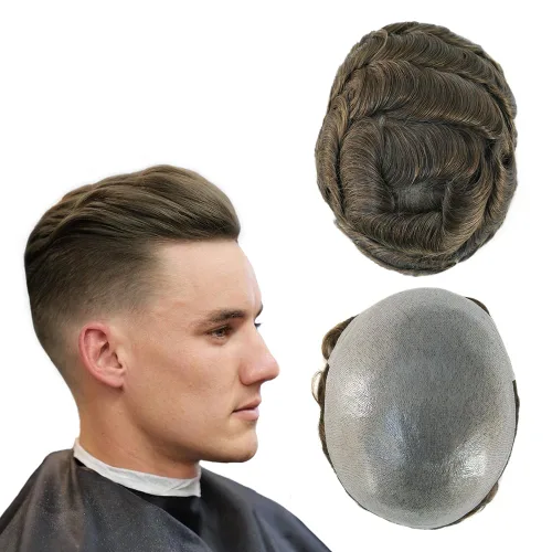 Miniatura 9 de Super Natural Mens Hair Piece 100 Cabello humano indetectable Mens Toupee Hair Systems Ultra Thin Skin V Looped Hair #10R WXL=8X10