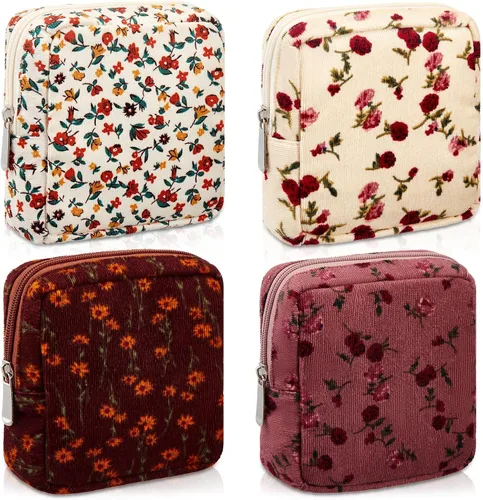 Miniatura 9 de Abbylike 4 piezas de bolsa de maquillaje floral con cierre, bolsa de cosméticos con cierre portátil, pequeñas bolsas para bolso, mini bolsa de aseo