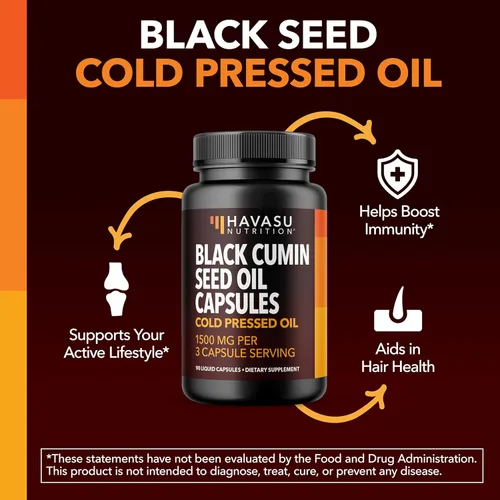 Miniatura 3 de Cápsulas de aceite de semilla negra prensado en frío - Suplemento de 1500 mg de comino negro para la función inmune, apoyo digestivo y salud general