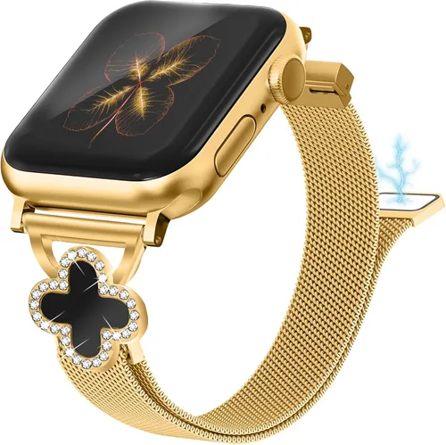 Joyozy Correa delgada de metal compatible con Apple Watch de 38mm 40mm 41mm 42mm 44mm 45mm 46mm 49mm, correa magnética delgada con adornos Dorado