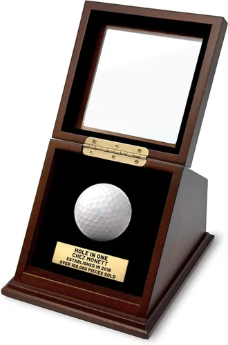 Estuche de exhibición de pelotas de golf con agujero en uno, grabado personalizado de placa de latón, diseño duradero de madera y vidrio