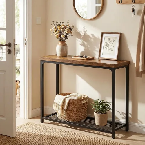 Miniatura 2 de Besiost Mesa consola pequeña de 32 pulgadas, mesa de entrada estrecha de 2 niveles, mesa de sofá con estantes de malla, mesas de consola para sala