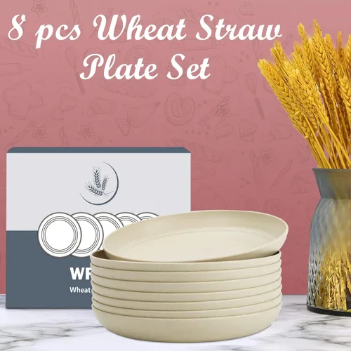 Miniatura 6 de Wrova Platos de paja de trigo – Juego de 8 platos llanos irrompibles de 8 pulgadas – Platos de plástico aptos para lavavajillas y microondas