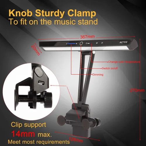 Miniatura 3 de Luces de soporte de música, luz LED con clip, batería extraíble, funciona con batería recargable, lámpara de abrazadera USB-C de larga duración