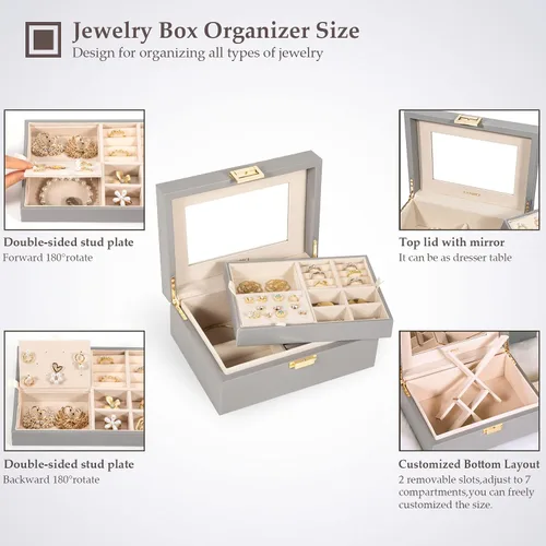 Miniatura 4 de LANDICI Caja organizadora de joyas para mujeres, adolescentes y niñas, estuche grande de almacenamiento de joyas con espejo, bandeja apilable