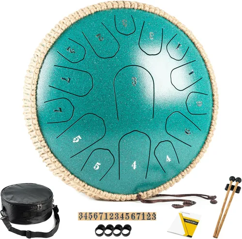 HOPWELL Tambor de Lengua de Acero - 13 Pulgadas 15 Notas Tambor de Lengua - Tambor Handpan con Libro de Música, Mazos para Tambores Handpan y Bolsa