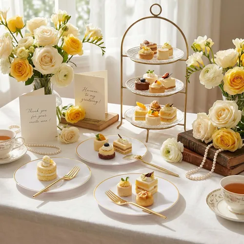 Miniatura 6 de Rubtlamp 200 piezas de platos de postre de plástico dorado, platos de aperitivo blancos con tenedores desechables dorados, elegantes platos pequeños