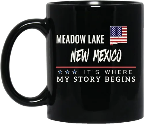 Taza de café con la bandera estadounidense, Meadow Lake New Mexico con texto en inglés "It's Where My Story Begins", regalo patriótico, Día de la