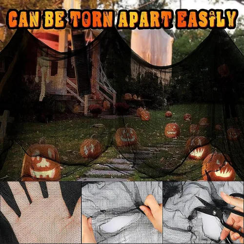 Miniatura 2 de Tela espeluznante negra de Halloween, 315 x 85 pulgadas, decoración de Halloween al aire libre, paño negro de gasa espeluznante, accesorios