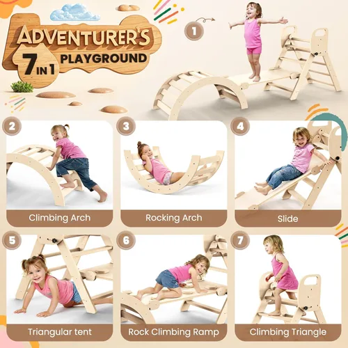Miniatura 7 de Conjunto de Triángulo Pikler Plegable Juguetes de Escalada de Madera para Niños Pequeños Interiores, Parque Infantil Gimnasio de Jungla para Niños