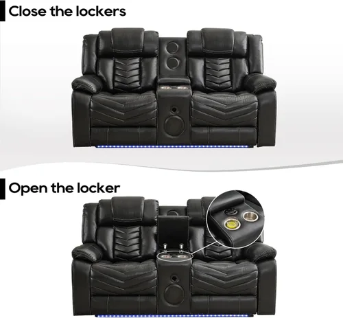 Miniatura 9 de Sofá reclinable manual con altavoces de graves para sala de estar, sofá biplaza reclinable eléctrico de cuero con luces LED, reclinables dobles, 2