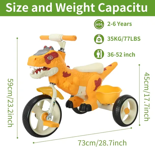 Miniatura 3 de Triciclo de dinosaurio para niños, niños pequeños de 2 a 6 años, triciclo con música, luces LED, cesta de almacenamiento y ruedas de goma, regalo