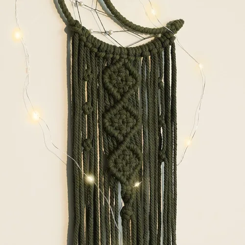 Miniatura 3 de Colgante de pared de macramé bohemio para niños, atrapasueños de media luna y estrella de crochet con borlas largas, decoración de algodón oliva