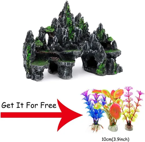 Miniatura 2 de PakyKai Adornos Grandes para Acuario de Peces, Ornamento de Acuario con Vista a la Montaña con Casa en el Árbol, Cueva, Puente y Plantas