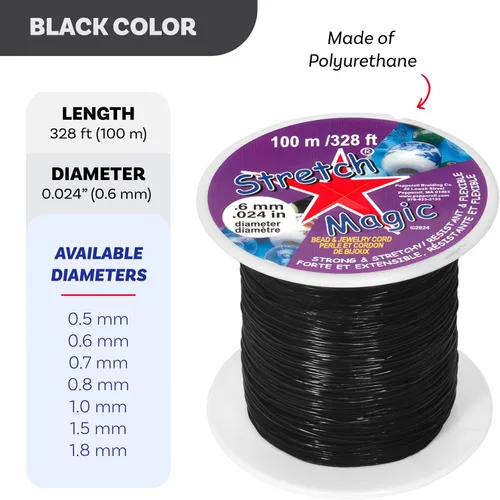 Miniatura 2 de Cordón elástico para cuentas Stretch Magic – Color negro, 0.6mm de diámetro, 100 metros (328 pies) - Fácil de anudar, cuerda fuerte y elástica