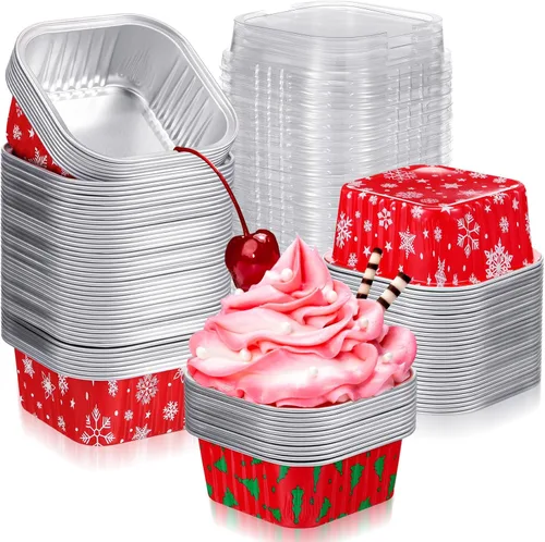 Miniatura 7 de 100 piezas de tazas de aluminio para Navidad, contenedor de cupcakes de papel de aluminio con tapas, 5 onzas, molde cuadrado de papel de aluminio
