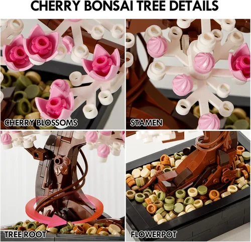 Miniatura 4 de Juegos de construcción de árboles de cerezo, juegos de árboles bonsái Le-go para adultos, colección botánica 3 en 1, planta de bricolaje, regalo
