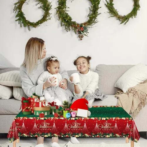 Miniatura 7 de 3 manteles de Navidad desechables, 54 x 108 pulgadas, mantel rectangular de plástico rojo con árbol de Navidad, muñeco de nieve, reno, Papá Noel