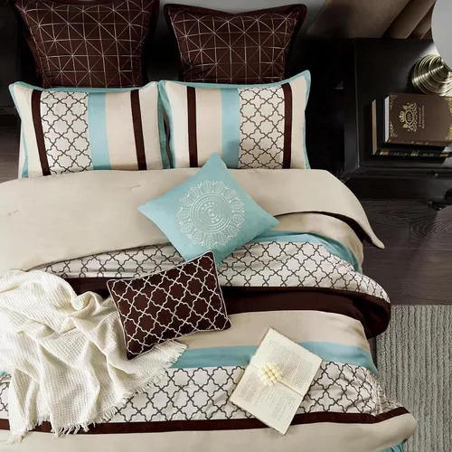 Miniatura 3 de Grand Avenue Juego de edredón tamaño Queen color marrón aguamarina, ropa de cama jacquard de 8 piezas con sábanas, ropa de cama bordada ultrasuave
