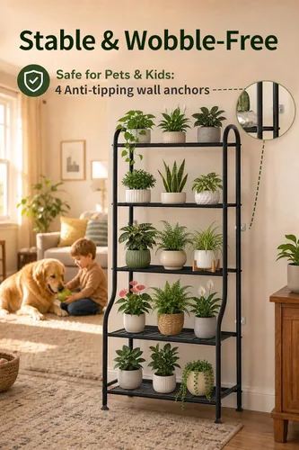 Miniatura 4 de Soporte de metal para plantas de 5 niveles para interiores y exteriores, soporte de flores impermeable para múltiples macetas, soportes resistentes