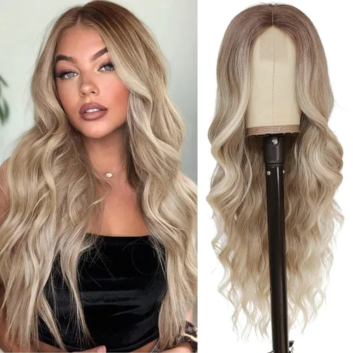 Miniatura 33 de NAYOO Pelucas marrones con flequillo para mujer, pelucas de cabello largo y ondulado, resistentes al calor, pelucas de fibra sintética para uso