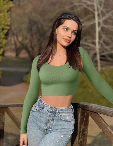 Miniatura 3 de OQQ Camiseta corta de 3 piezas para mujer, manga larga, cuello redondo, elástica, ajustada, para mujer