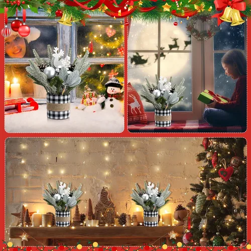 Miniatura 6 de 2 piezas de centro de mesa de Navidad a cuadros de búfalo árbol de mesa de Navidad, mini decoración artificial de mesa, centro de mesa pequeño