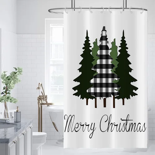 Miniatura 9 de Yeele Cortina de ducha de Feliz Navidad, diseño de rejilla blanca y negra, para invierno, árbol de Navidad, gnomo, juego de cortinas de ducha 2