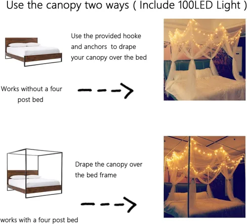 Miniatura 2 de Comtelek Dosel de Cama de 8 Esquinas con 100 Luces LED de Cadena de Estrellas Operadas por Batería, Red de Cama Estilo Único de 4 Puertas Cortinas