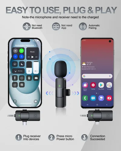 Miniatura 2 de PQRQP Micrófono Lavalier inalámbrico profesional 3 en 1 para iPhone/Android/cámara, micrófonos inalámbricos, mini micrófono, calidad de sonido
