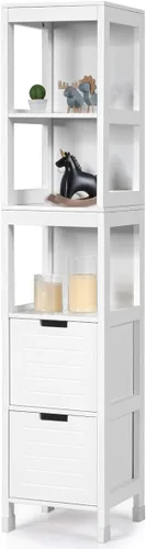 GLACER Armario alto de baño, armario de almacenamiento de piso de madera con tres estantes abiertos y dos cajones, equipado con accesorios