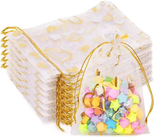 Miniatura 14 de G2PLUS - Bolsas de organza de corazón, 50 bolsas de regalo con cordón transparente de 4 x 6 pulgadas Pink Mesh Bags with Gold Foil Hearts for