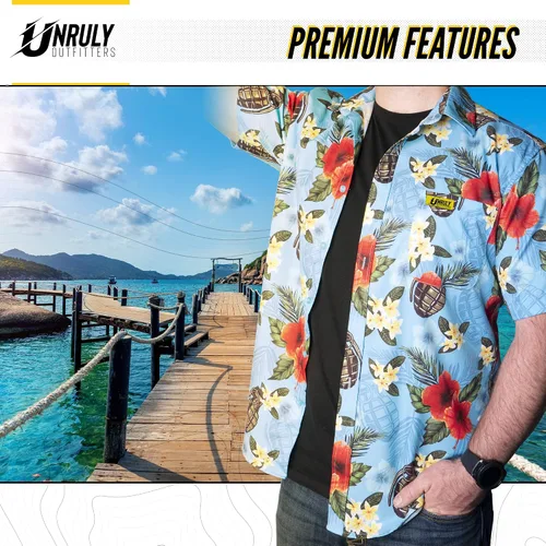 Miniatura 5 de Unruly Outfitters Camisa hawaiana para hombre, diseño de granadas azules con botones, divertidas camisas con armas de flores con pistolas