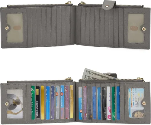 Miniatura 5 de GOIACII - Carteras para mujer de dos pliegues con bloqueo RFID y 2 bolsillos con cremallera, gris, M