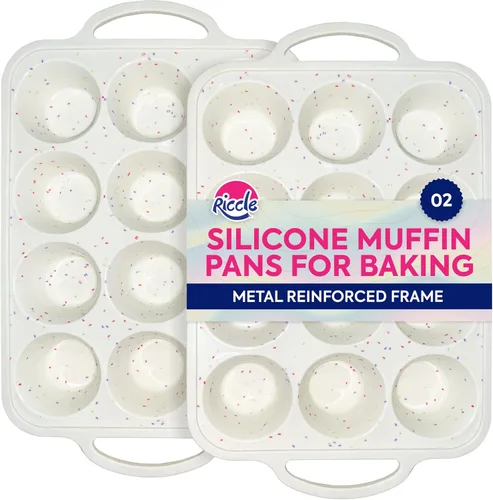 Miniatura 9 de RICCLE Moldes de silicona para magdalenas para hornear con marco reforzado de metal, molde para magdalenas de 12 tazas, 2 bandejas para magdalenas