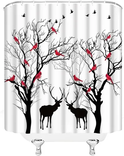 Miniatura 3 de Cortina de ducha pequeña, árbol, pájaro, ciervo, bosque, cabaña de árbol, vida silvestre, naturaleza, escénico, rústico, invierno, vacaciones