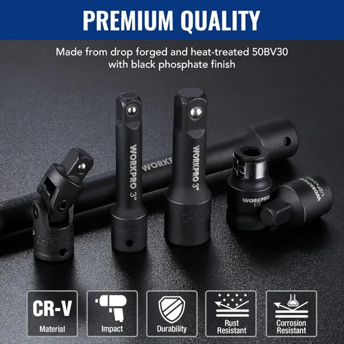 Miniatura 3 de WORKPRO Juego de extensión de enchufe de impacto de 18 piezas, incluye adaptadores de enchufe, juego de extensión de trinquete, barra de extensión