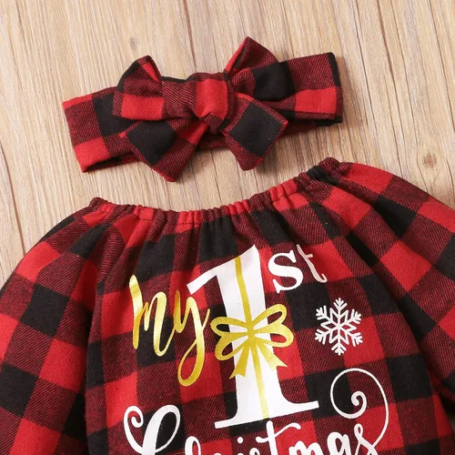Miniatura 4 de Baby Girls Christmas Dress with Bow Headband Red Plaid Dress Long Sleeve Tulle Tutu Princess Party Dress Winter Clothes