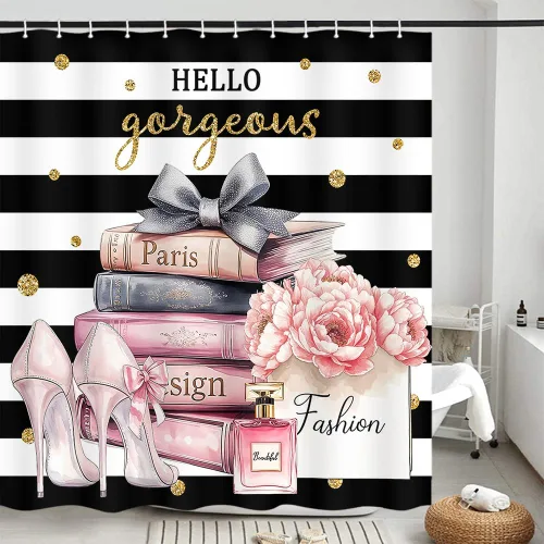 Miniatura 4 de Cortina de ducha negra y rosa, cortina de ducha a rayas negras y blancas para niñas y mujeres, moderna moda floral, tacones altos, revistas, libros