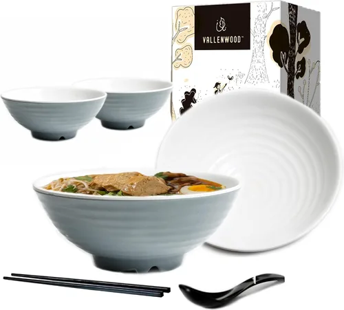 Miniatura 10 de Juego de 4 cuencos de ramen, 12 piezas Pho. Sopa japonesa asiática negra. Utensilio: cucharas y palillos. Melamina. Fideos grandes de 37 oz, arroz